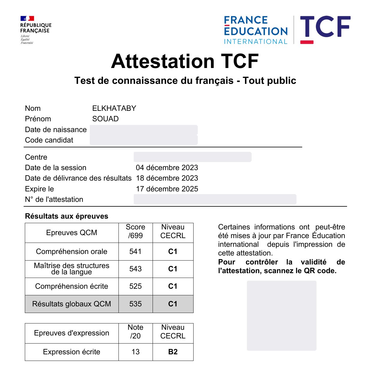 Attestation TCF, niveau C1