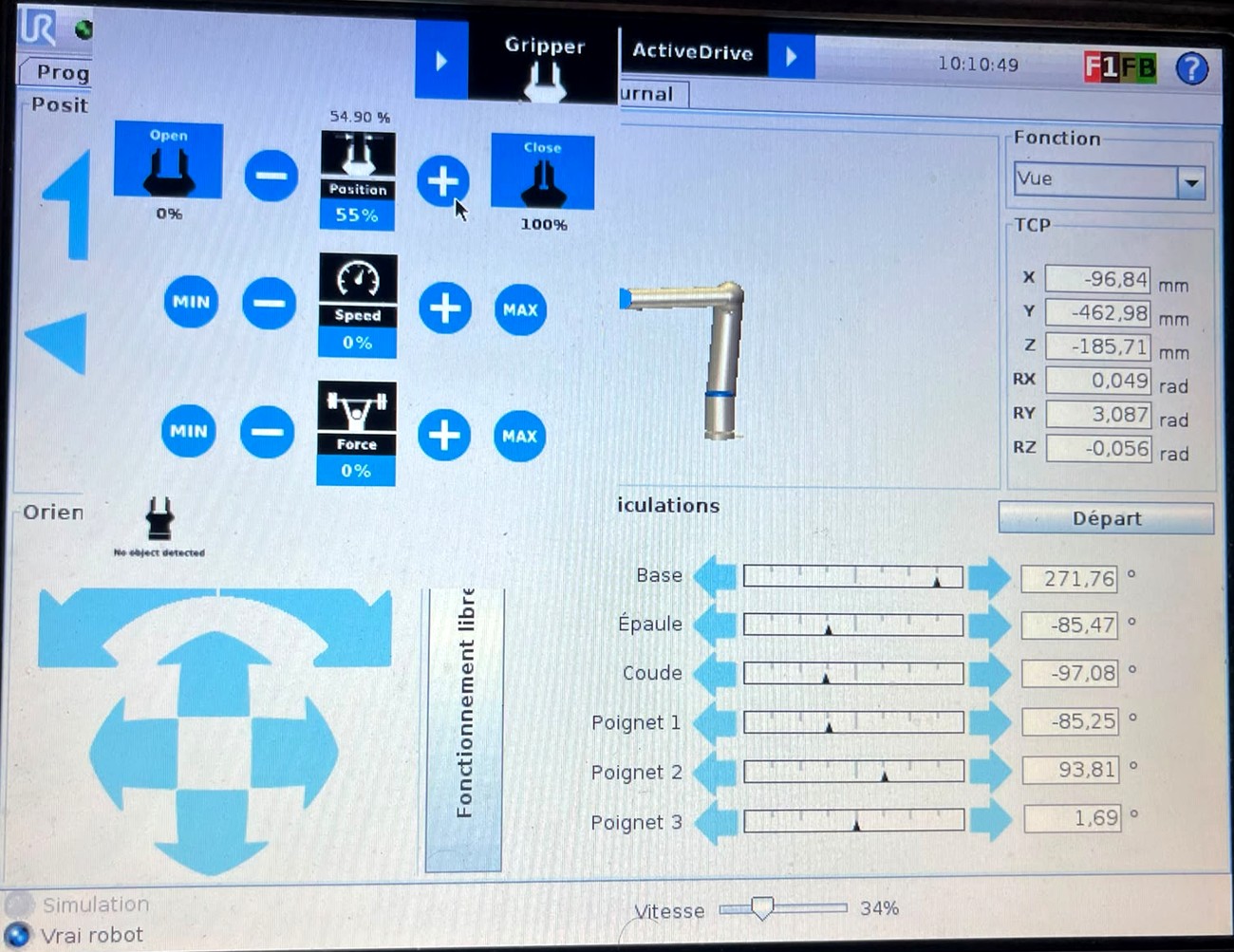 Interface PolyScope avec réglages de la pince